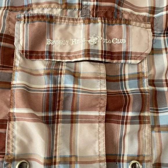 Beverly Hills Polo Club plaid Brown Tan blue Cargo Shorts Swim Trunks Size: L - Picture 6 of 6